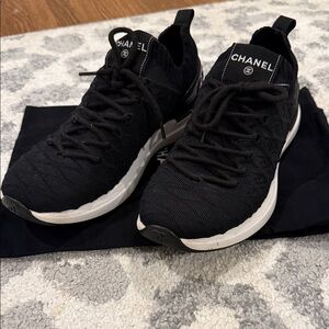 CHANEL Black Knit Sneakers with White Soles